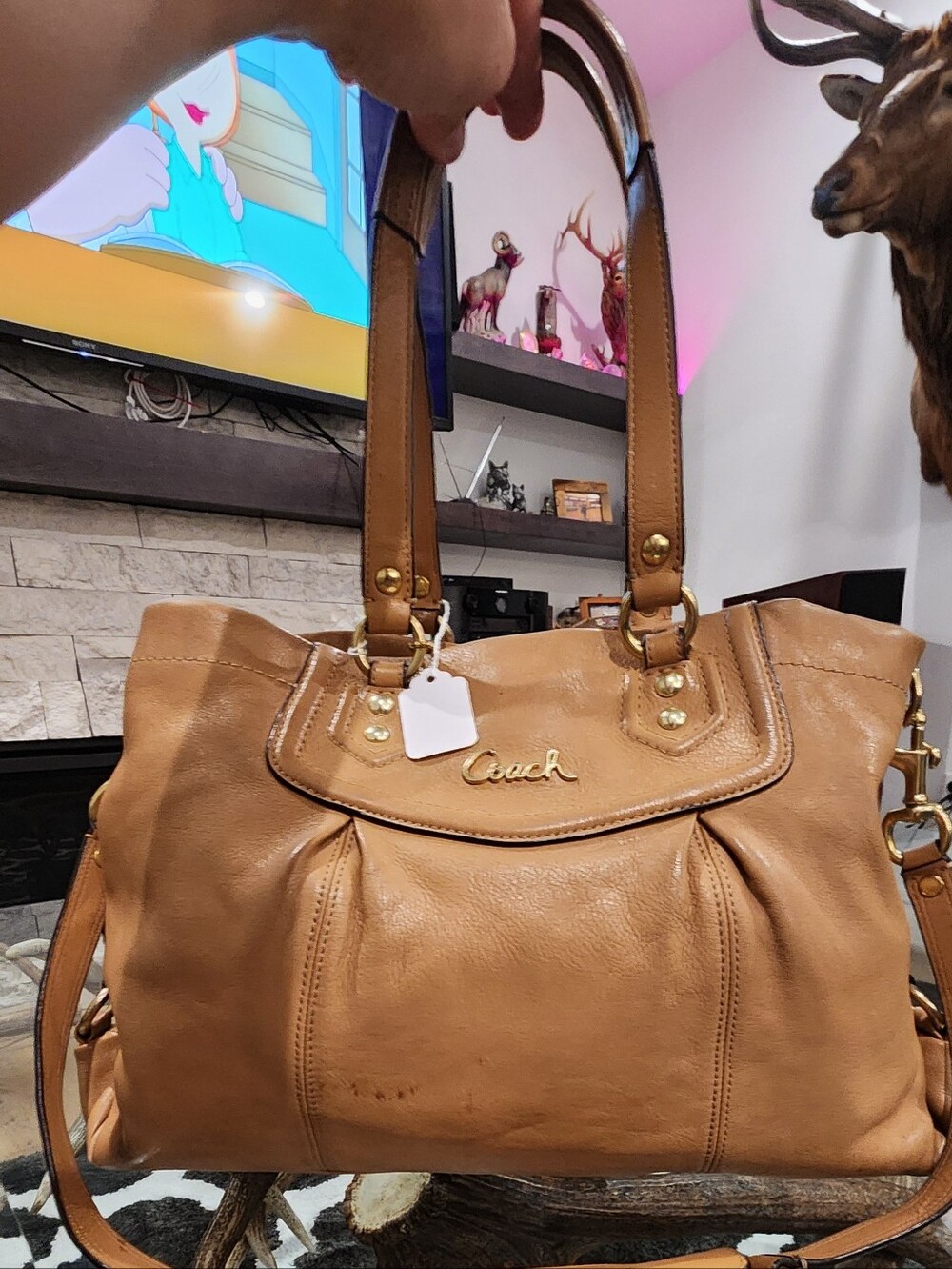 Coach Tan Leather Shoulder Satchel with Gold Hardware